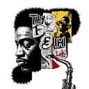 Tattoo inspired by Basquiat's drawings with written Tily, Elohi, a saxophonist, figures and a face a head tattoo design idea