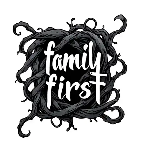" family first"in unique writing with dark vines wrapping around  tattoo design idea