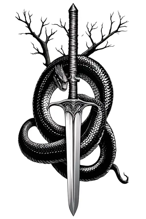 snake coiled around a sword in the middle of a tree with no leaves  tattoo design idea