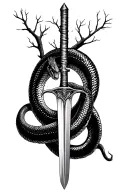 snake coiled around a sword in the middle of a tree with no leaves  tattoo design idea