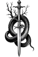 snake coiled around a sword in the middle of a tree with no leaves  tattoo design idea