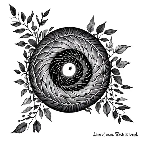fibonacci spiral quote "  Lines of reason, Watch it bend" geometry with hive pattern & foliage tattoo design idea