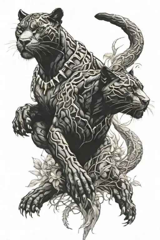 black panther with cub surrounded tattoo design idea