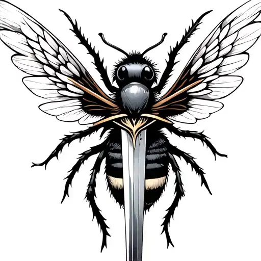 A long sword merges with a Bee where the handle of the sword merges with the head the wings to the sides and the body of tattoo design idea