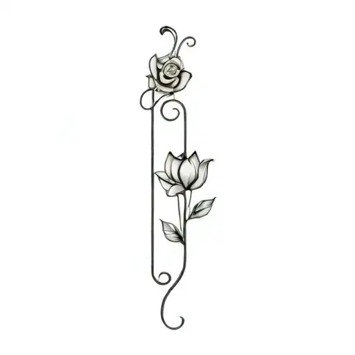 2 cm width and 7 inch length, thin tattoo, with small dainty inter twirling roses and tulips, butterfl top right corner tattoo design idea