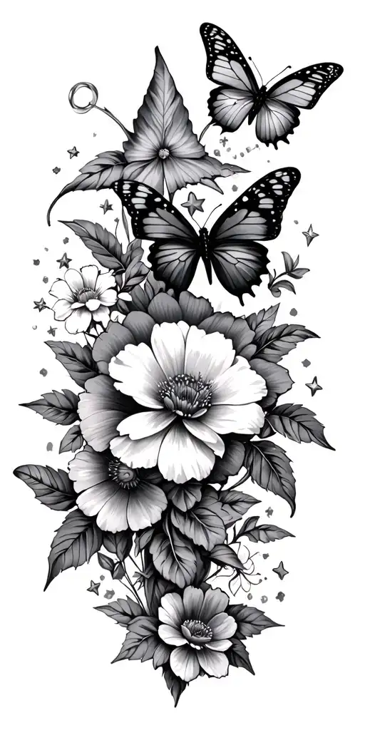stars, butterflies and flowers intertwined tattoo design idea