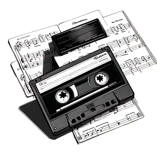 8 track music cassette tape, with a cassette, a vinyl and sheet music, with sheet music notes  tattoo design idea