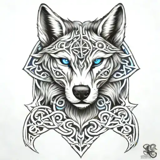 Wolf With Blue Eyes On Armor Tattoo Design Featuring Celtic Trinity Knot tattoo design idea