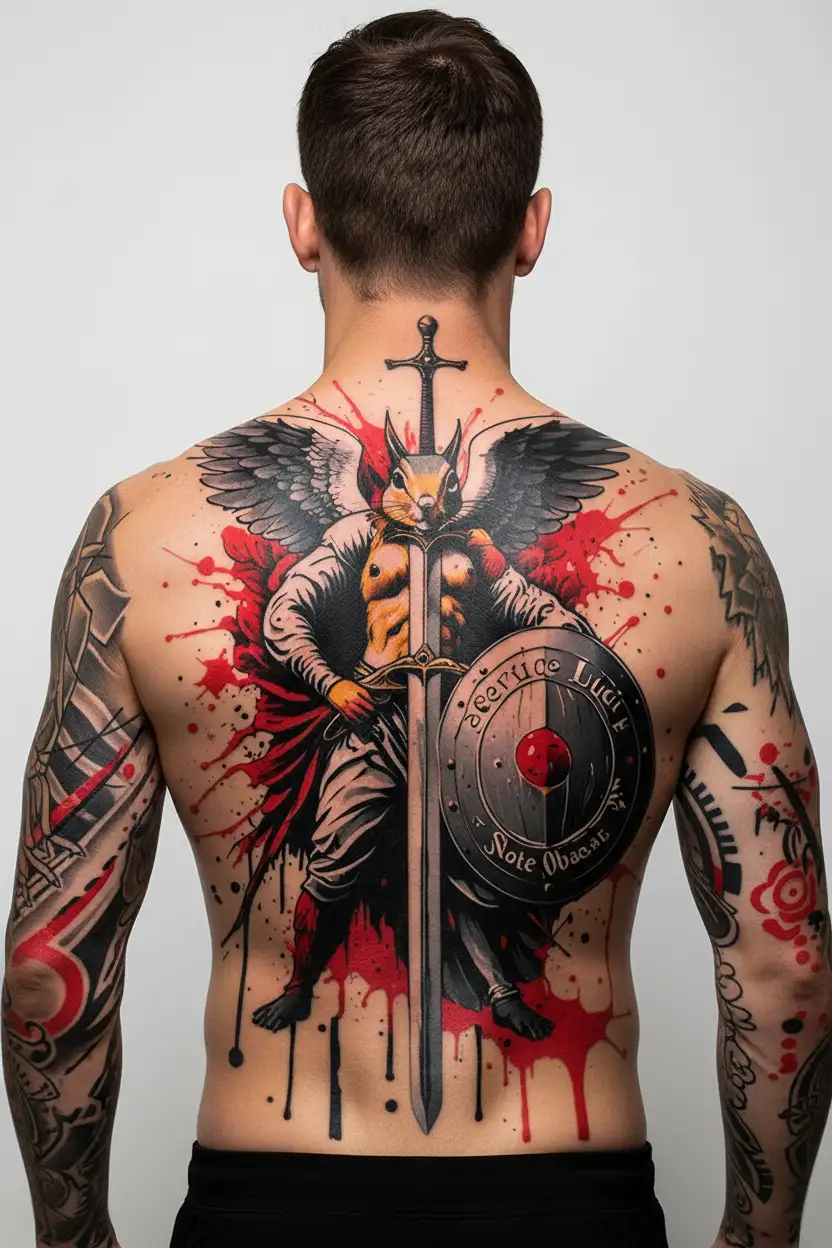 Angel with a sword and a shield at the feet, the wing is white and black. The shield is a chipmunk and the inscription on the shield Servite Luci, Sed Nolite Obcaecari tattoo design idea