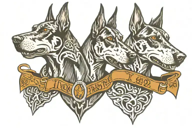 3 Dobermans angry barking on spike collar leashes in American traditional tattoo. One centered and the other two barking tattoo design idea