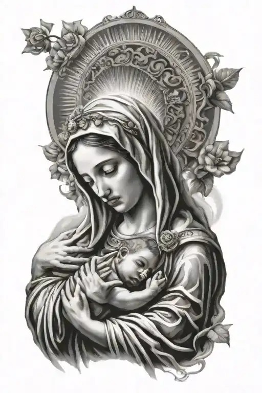 virgin mary holding baby jesus sun shining tattoo design idea