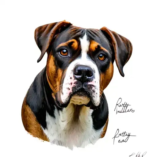 a male dog, it's mum is a Rotty x American bulldog and it's dad is a harrier x beagle, Rotty coat mireharrier body/face tattoo design idea