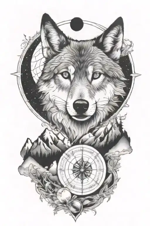 wolf, compass, crescent moon, mountain range tattoo design idea