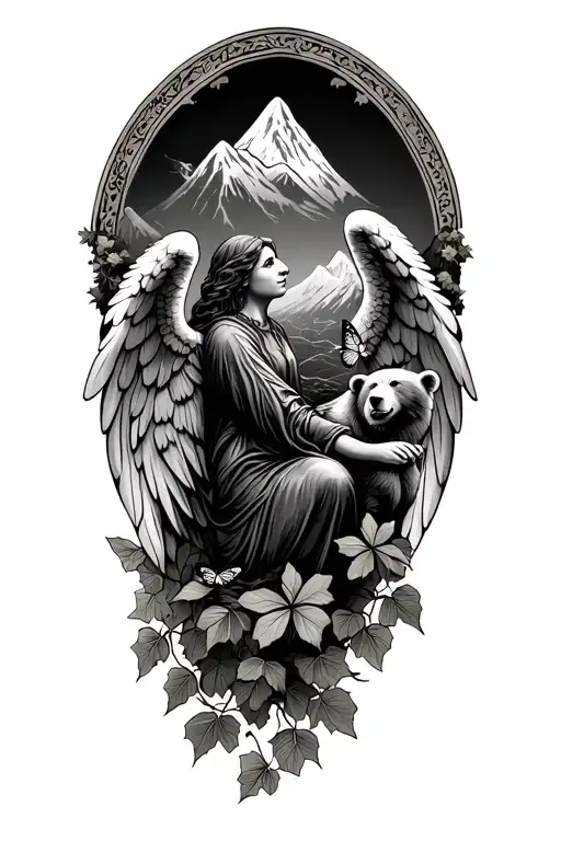 arch angel overlooking mountains with a bear and butterfly on Ivy leaves tattoo design idea