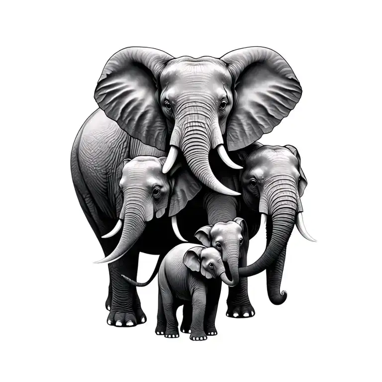 elephant mom and 3 baby elephant tattoo design idea