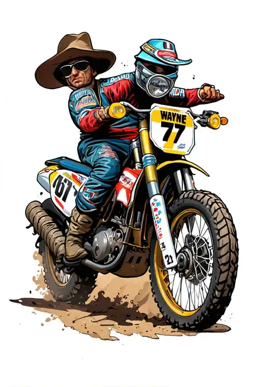 dirt bike number plate that says John Wayne 77 in racing gear tattoo design idea