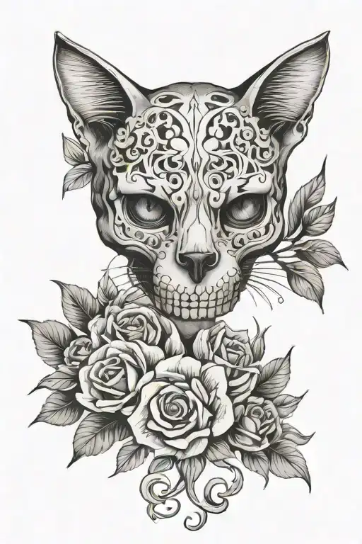 cat skull flowers intertwined tattoo design idea