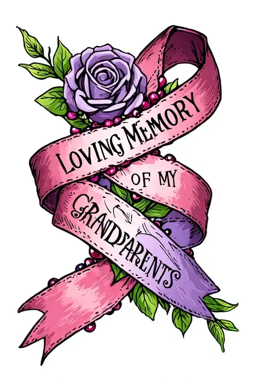 2 ribbons tied together one pink one dark purple rosery beads and letting saying LOVING MEMORY OF MY GRANDPARENTS  tattoo design idea