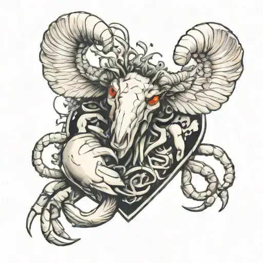 A realistic heart from which a ram and a crab burst out tattoo design idea