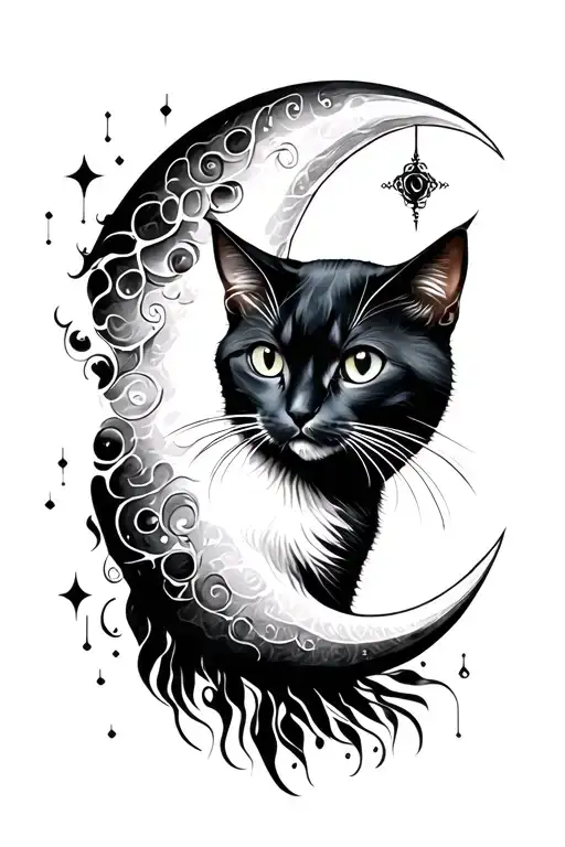 crescent moon with cat tattoo design idea