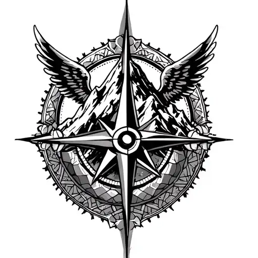 tattoo mountain at top with an aztec compass around it. honey comb ai the background the with angel wings at the boom. a tattoo design idea