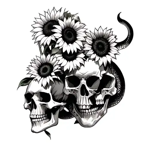 3 skulls and sunflowers with a snake coming out of the skulls tattoo design idea