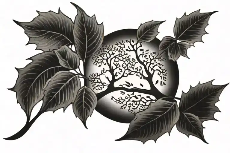 waxing crescent and fall leaves tattoo design idea