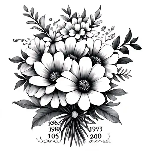 bouquet of flowers with birth years 1968, 1969, 1992, 1995, 1997, and 2005 in the tattoo on the flowers stems  tattoo design idea