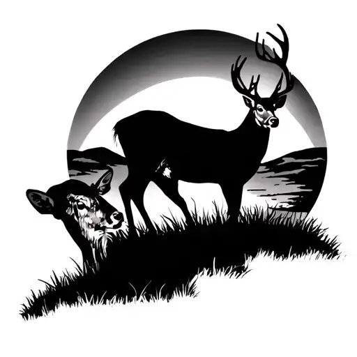 buck in front of doe in mid ground with hills in Texas hill country tattoo design idea