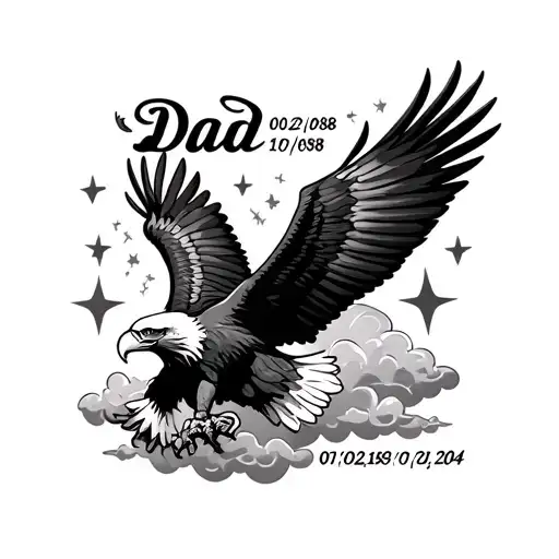 "Dad 01/02/1958-18/09/2024" eagle stars shining clouds tattoo design idea