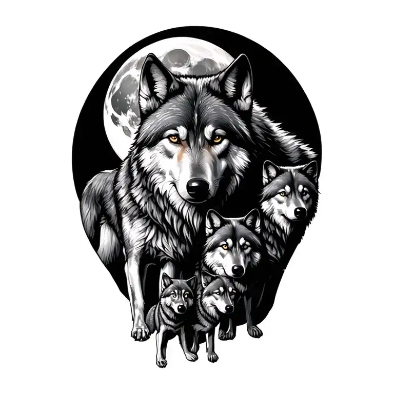 wolf and the moon with three smaller wolves tattoo design idea