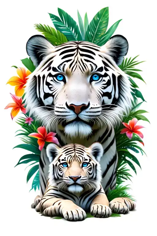 large white male tiger with blue eyes, two tiger cubs with blue eyes, jungle background with tropical flowers tattoo design idea