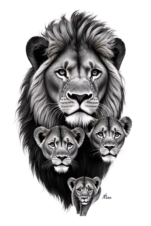 lion male and female with 2 cubs face only tattoo design idea