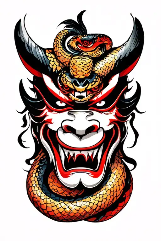 front facing hannya mask with snake tattoo design idea
