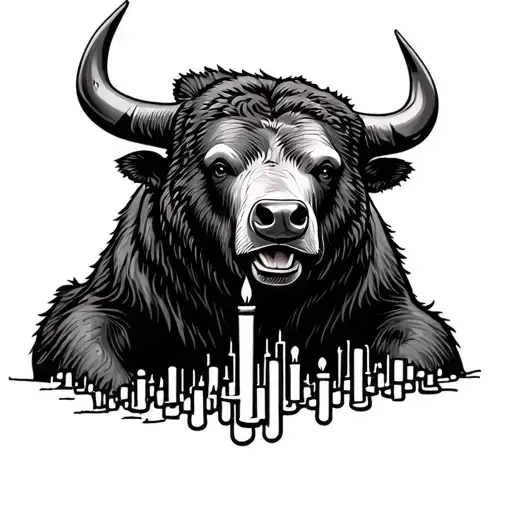 Bull and bear (from a bear and bullmarket) with an candlestick pattern waved into it tattoo design idea