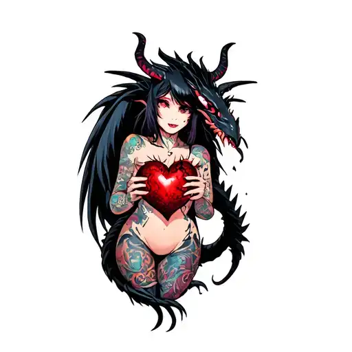 tattooed anime demon girl holding a shattered heart surrounded by a voodoo black dragon tattoo design idea