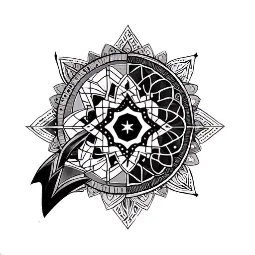 Full sleeve tattoo for the left arm in black ink with a mix of geometric patterns, dot work, and sacred geometry, blendi tattoo design idea