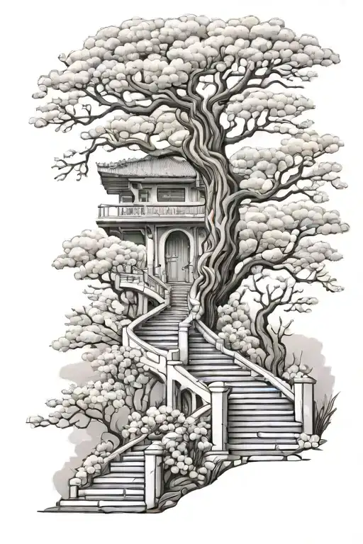 chery blossom tree stairs to nowhere tattoo design idea