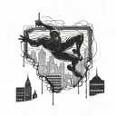 spider-man swinging through the city with the skyline in the background tattoo design idea