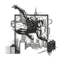 spider-man swinging through the city with the skyline in the background tattoo design idea