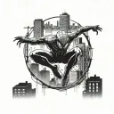 spider-man swinging through the city with the skyline in the background tattoo design idea