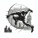 spider-man swinging through the city with the skyline in the background tattoo design idea