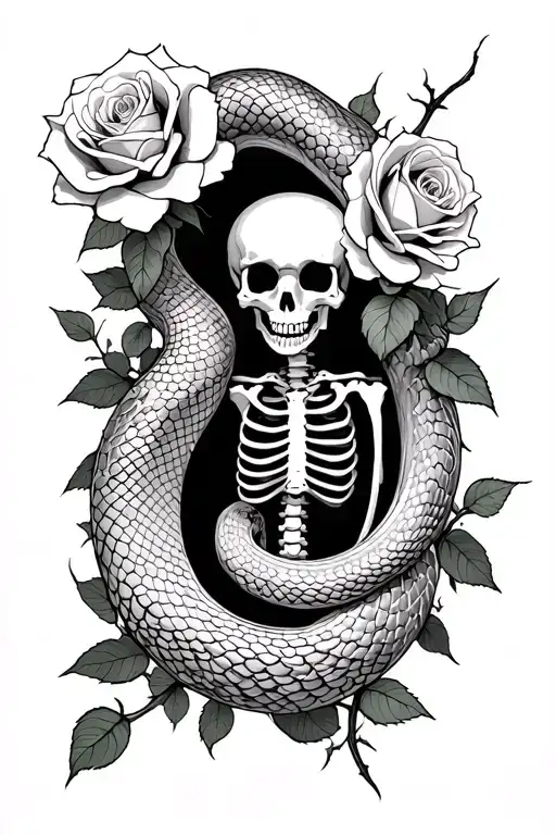 Snake shedding skin revealing a skeleton with roses and thorns growing from inside its skeleton tattoo design idea