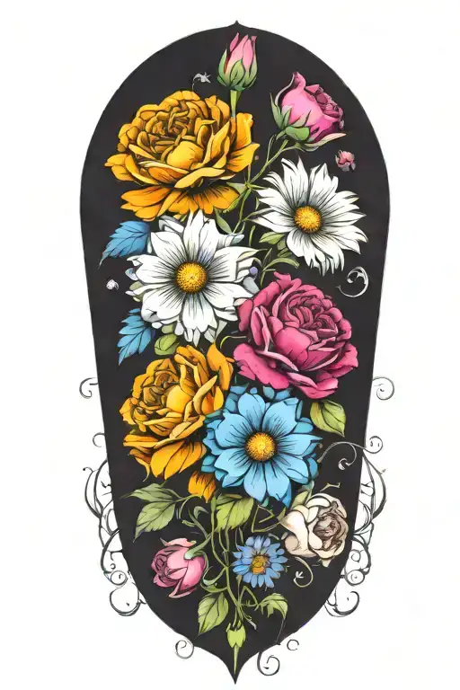 An intricate tattoo of a boquet of roses, daisys, and cosmos flowers tattoo design idea
