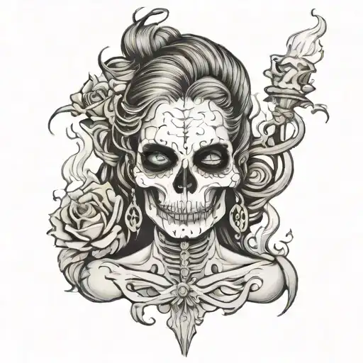 skull candle burning smoke rising, face of a dominc Girl with hands bound together tattoo design idea