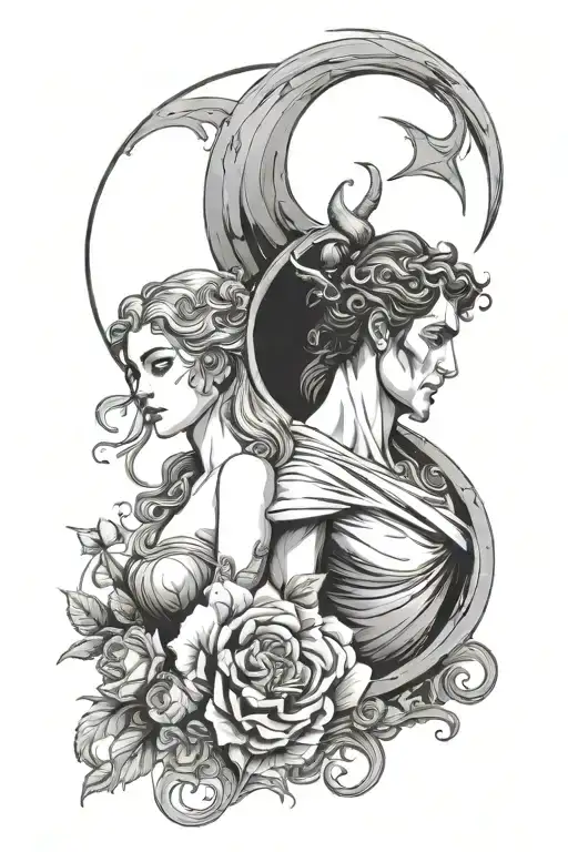 hades and persephone looking at each other and half moon tattoo design idea