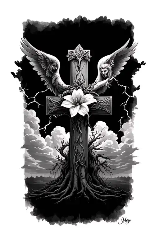 tigerlily on Victorian cross.  wendigo behind hiding in willow tree with seraphim angel above and clouds with lightning  tattoo design idea