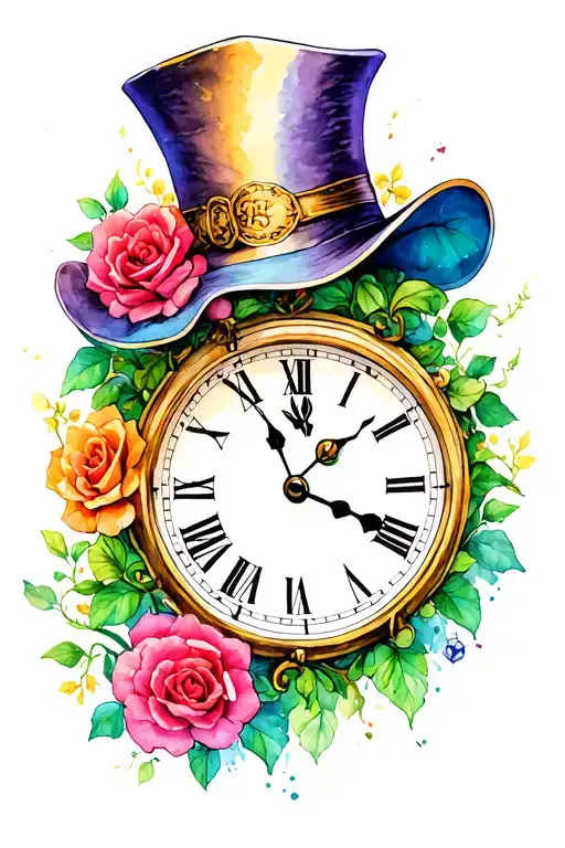 alice in wonderland hat clock vines knife tattoo design idea