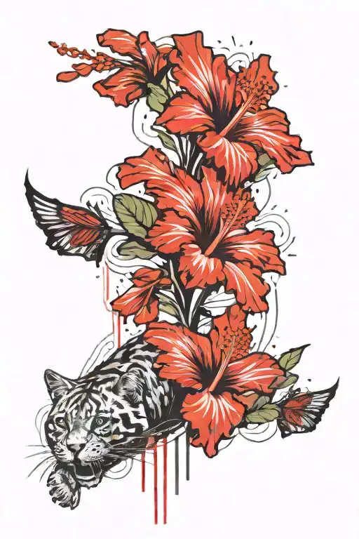 Hibiscus flower on top, Cat forehead lines in middle, hibiscus flower on bottom, all going down spins tattoo design idea