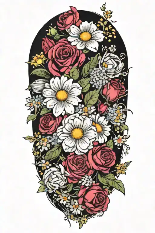 An intricate tattoo of a boquet of roses, daisys, and cosmos flowers tattoo design idea